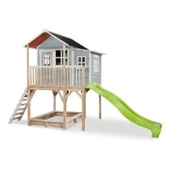 EXIT TOYS EXIT Loft 750 Holzspielhaus - Blau Extra Hoch - Mit Sandkasten, Rutsche & Anbau