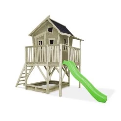 EXIT TOYS EXIT Crooky 550 Holzspielhaus - Graubeige Mit Rutsche, Veranda & Sandkasten