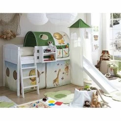 Ticaa Ekki Rutschbett Mit Turm Kiefer Weiß Massivholz - Vorhang-Dessin Wählbar