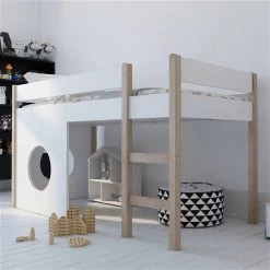 Nature Kid Finn Hochbett Weiß/natur Mit 2 Bullaugenpaneelen Liegefläche 90 X 200 Cm